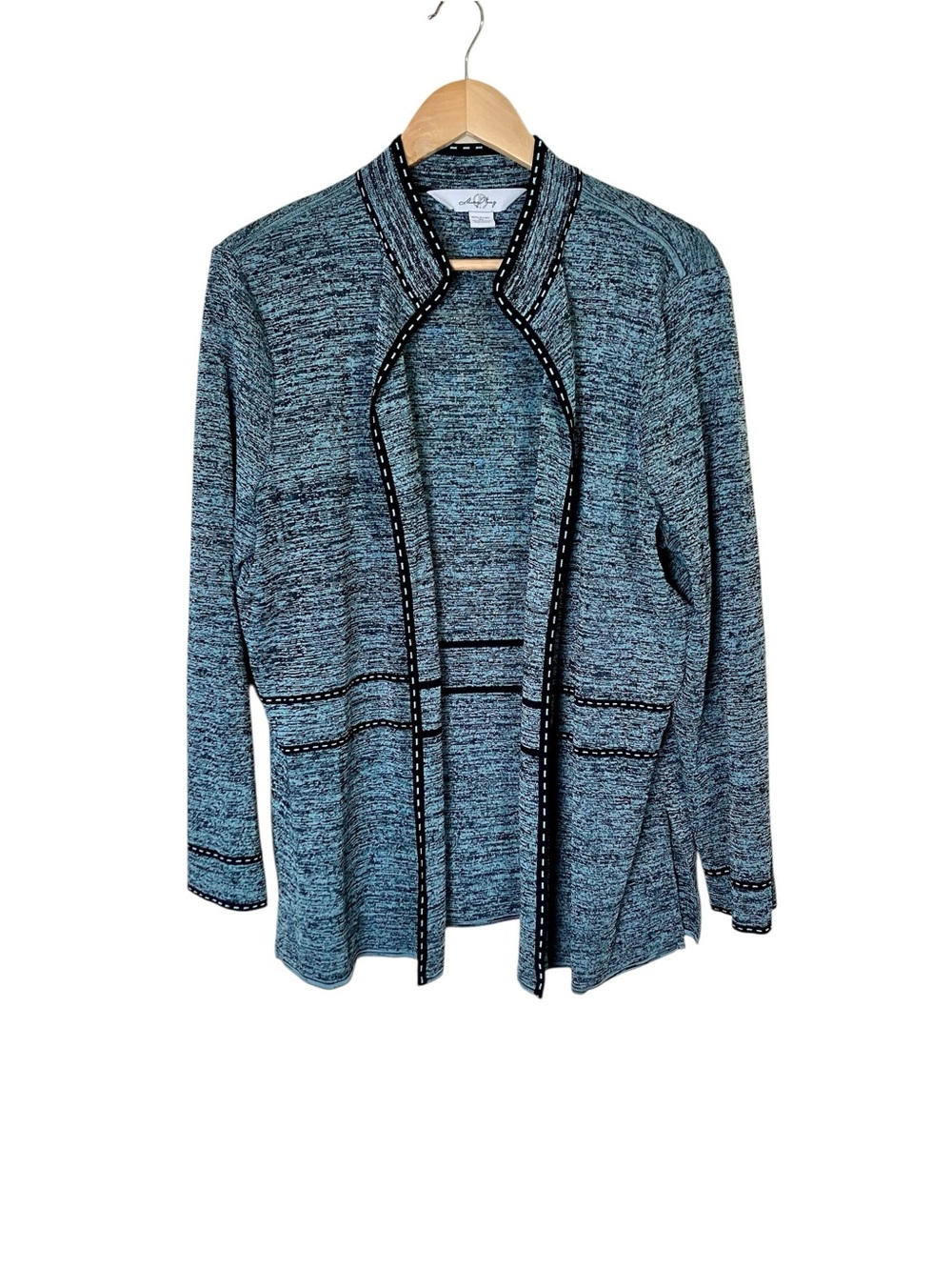 Ming Wang Heathered Teal and Black Knit Open Jacket Size XL
